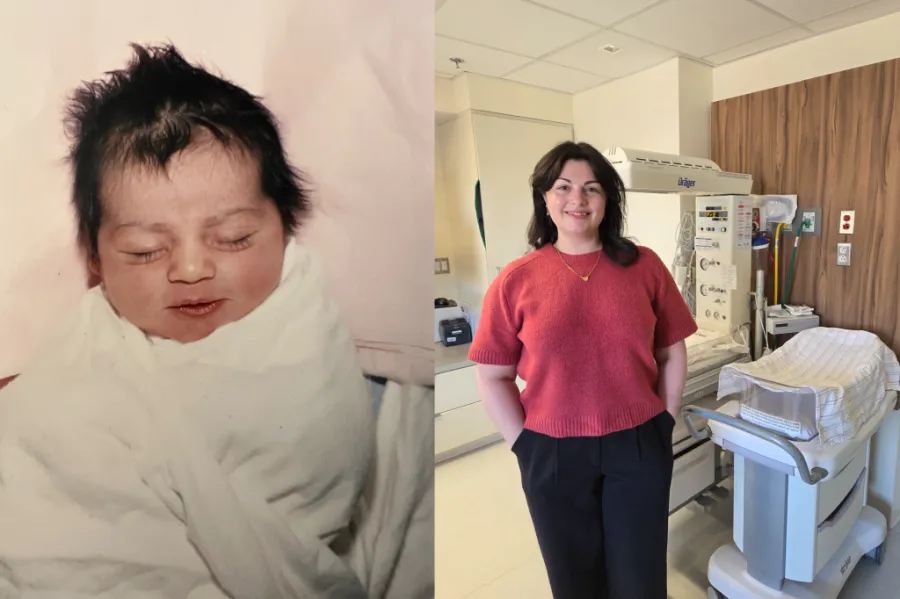 Dr. Katharine Veale as a newborn and now as an OB/GYN physician in a hospital delivery room