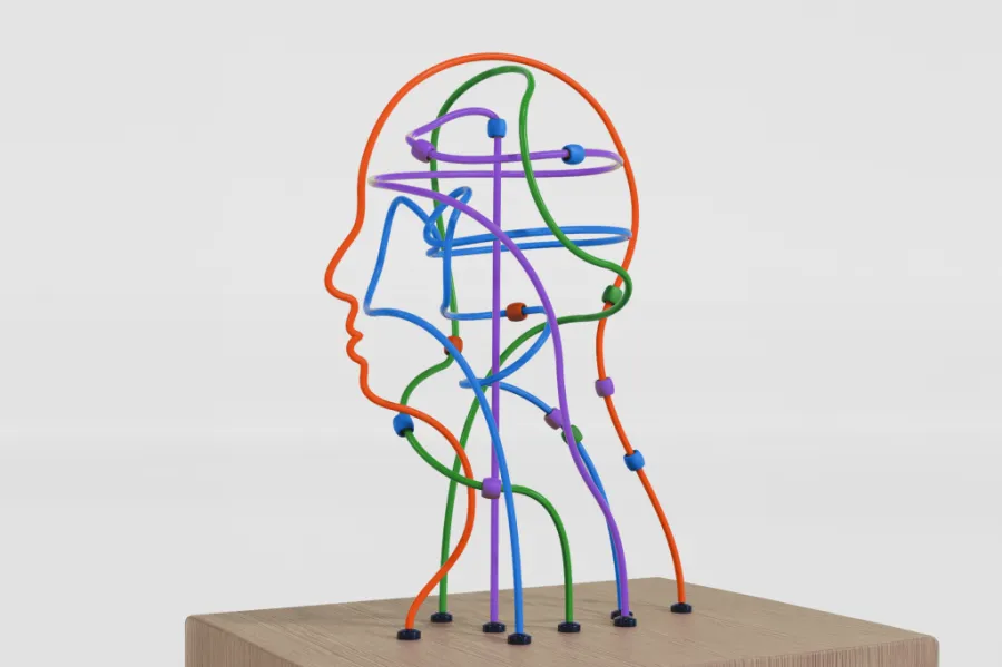Illustration of a human head profile made of colorful intertwining wire tracks and beads, representing mental health and the complexity of the brain.