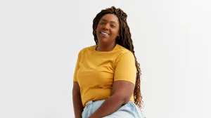 A smiling woman with long hair