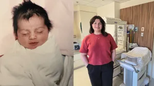 Dr. Katharine Veale as a newborn and now as an OB/GYN physician in a hospital delivery room
