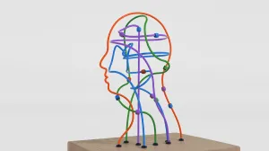 Illustration of a human head profile made of colorful intertwining wire tracks and beads, representing mental health and the complexity of the brain.