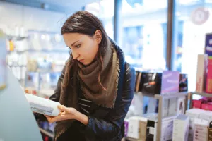Customer shopping for fragrance free products and reading labels in a cosmetic store.