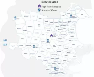 Map of towns in Massachusetts and New Hampshire that Care at Home serves.