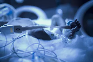 Closeup of a newborn baby in an incubator at Tufts Medical Center's NICU. 