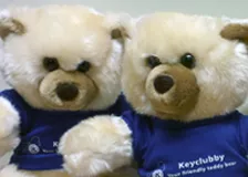 Two teddy bears wearing blue shirts